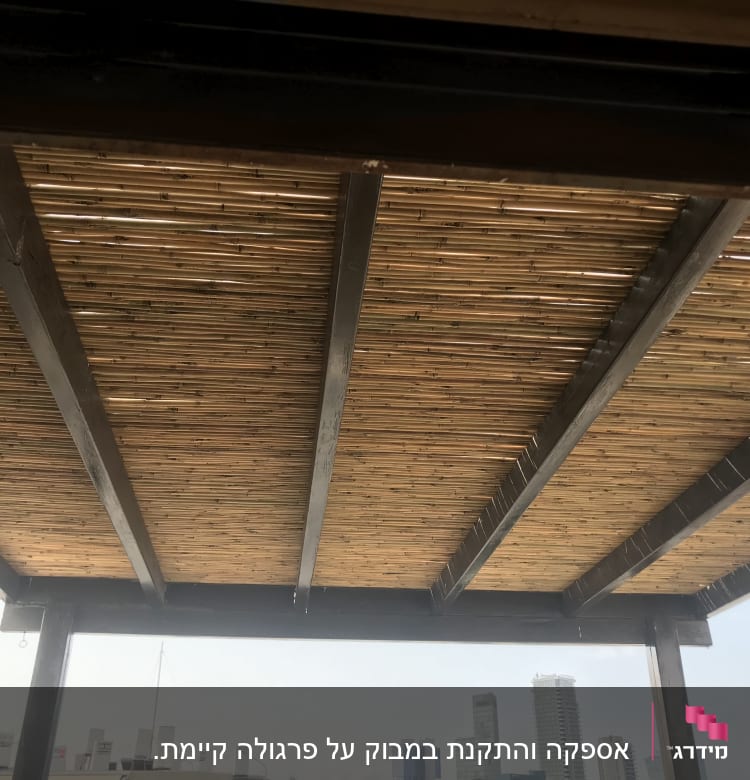 גג פרגולה מעץ עם קורות במרפסת